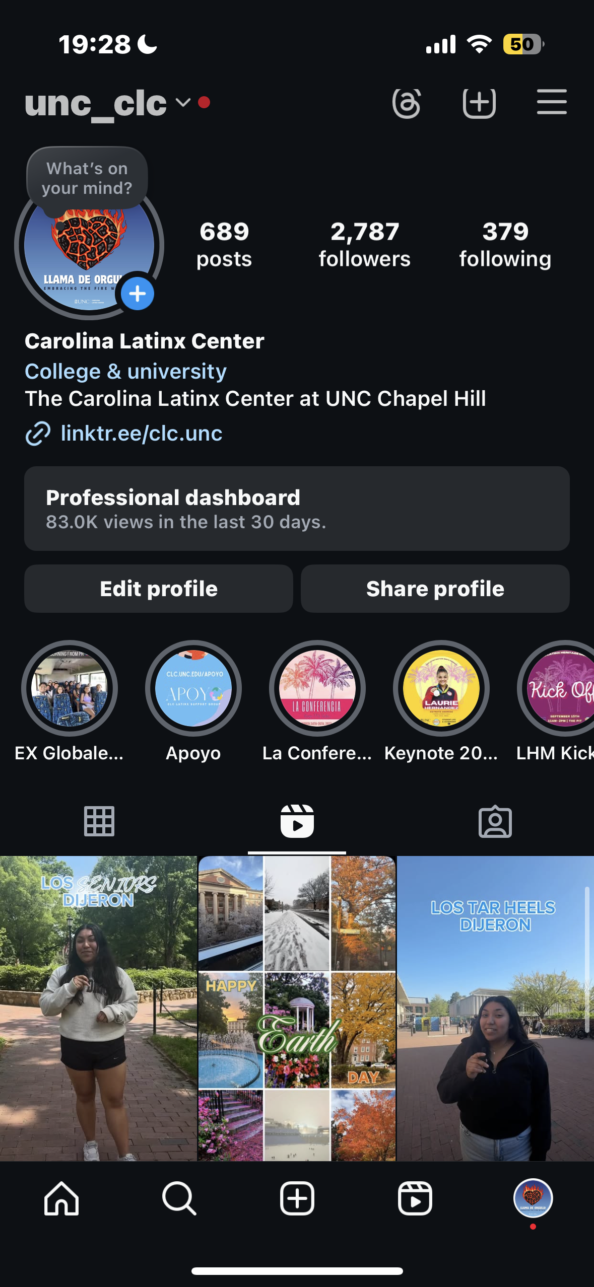 The UNC Carolina Latinx Center instagram page where Maria Fernanda does marketing content.